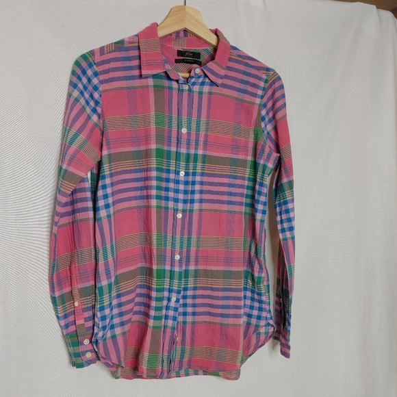 J. Crew Classic-fit Boy Shirt Crinkle Magenta Pink‎ Green Plaid.Button Front 4 - Picture 4 of 9